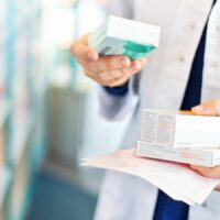 Pharmacist taking medicines from shelf stock photo
